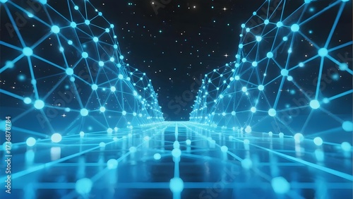 Digital network tunnel with glowing blue nodes and connections in a futuristic space environment