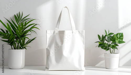 White Canvas Tote Bag Mockup on Table with Green Potted Plants and Sunlight in Studio Minimalist Aesthetic