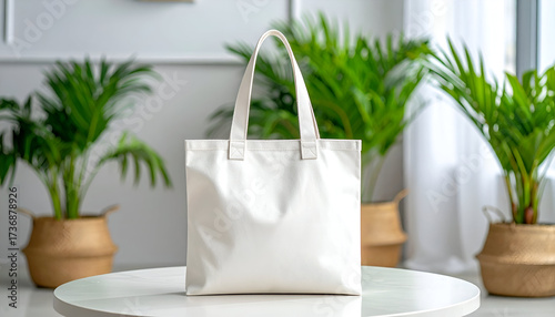 White Cotton Tote Bag on White Tabletop with Green Potted Plants and White Curtains for Eco Friendly Shopping