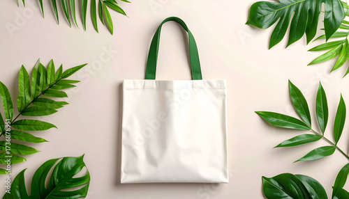 White Fabric Tote Bag with Green Handles Surrounded by Assorted Green Tropical Leaves on Cream Background Top View for Sustainable Shopping