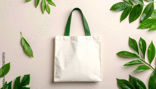 White Fabric Tote Bag with Green Handles Surrounded by Green Leaves on Beige Background Eco Friendly Shopping Concept Studio Shot