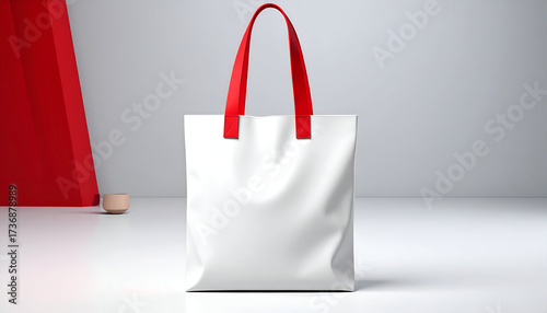 White Fabric Tote Bag with Red Straps on White Surface in Studio Setting