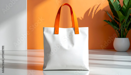White Tote Bag with Orange Handles Displayed Against Orange Wall with Plant and Shadow