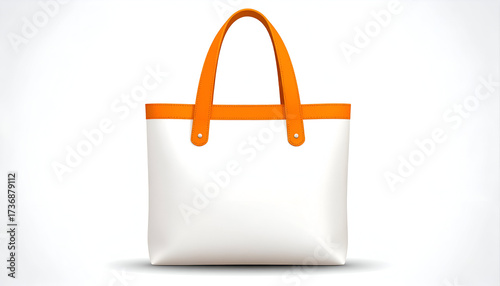 White Tote Bag with Orange Handles on White Background