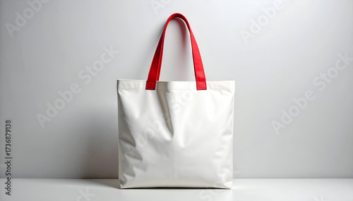 White Tote Bag with Red Handles Against White Background in Studio Lighting Highlighting Clean Simple Design and Practicality