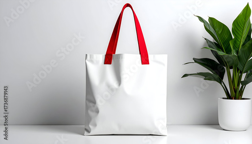 White Tote Bag with Red Handles Near Green Plant on White Background Against Wall in Studio with Soft Lighting Mockup