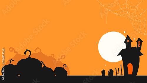 Halloween night scene vector with pumpkins, haunted house, full moon, and spider webs. Cute cartoon design style. Perfect for seasonal designs, party themes, and spooky decorations. Funny spooky Bg
