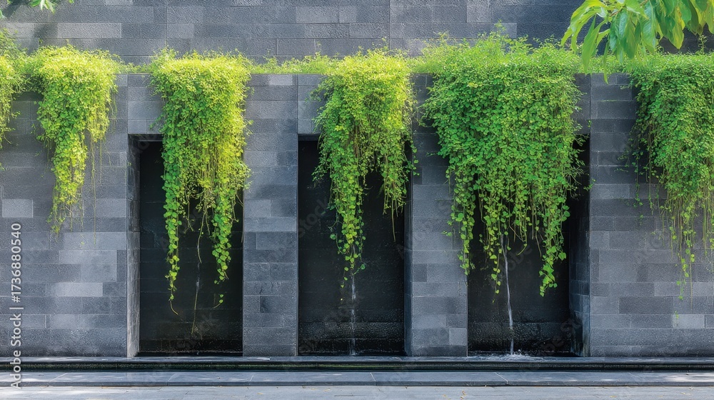 Fototapeta premium Tranquil Water Feature Surrounded by Lush Greenery and Modern Stone Wall, Perfect for Zen Gardens and Relaxation Spaces in Urban Environments