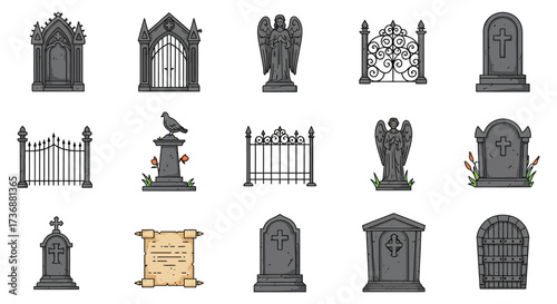 graveyard elements gothic gates angel statues tombstones and scroll for halloween illustration for spooky designs or memorial use