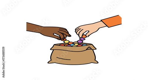 Hands taking candy from a bag symbolising sharing generosity and community engagement ideal for illustrating teamwork and charitable giving campaigns.