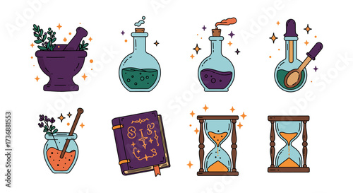 Magic supplies for potion making mortar and pestle potions spell book and hourglass. Great for halloween witchcraft concepts.