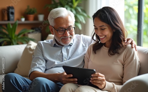 Indian/Asian Senior couple video chatting on tablet/computer while sitting at couch or in garden at home, selective focus, couple use mobile. High quality