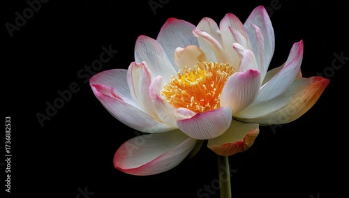 A close-up view of a lotus flower with white and pink petals against a black background