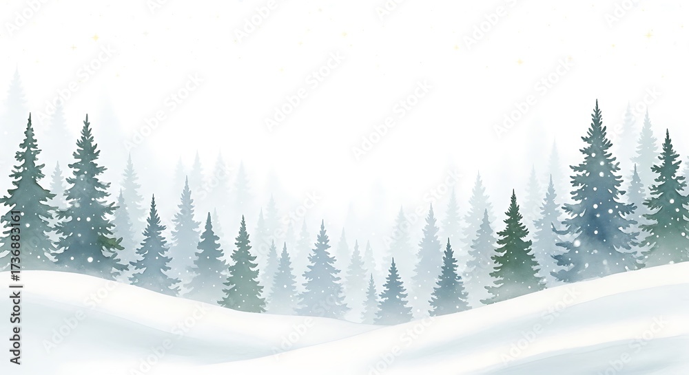 Naklejka premium Illustration of winter forest with snow covered pine trees in a misty landscape