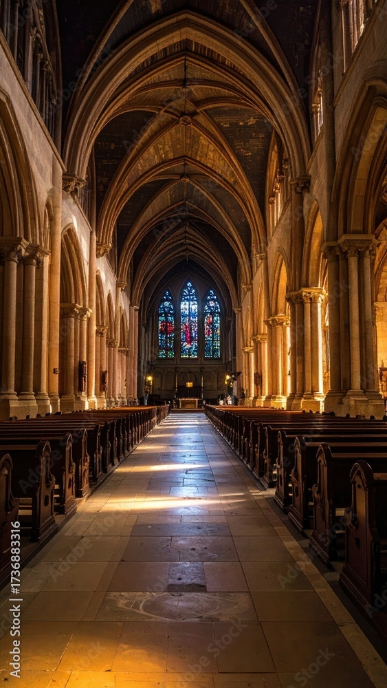 Fototapeta premium Stone Archways and Stained Glass Interior of a Grand Church with Dramatic Lighting and Shadow Moody Historic Interior View