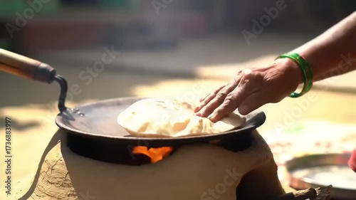 A person's hand cooking traditional flatbread on a hot griddle over a rustic clay stove with visible flames and smoke.