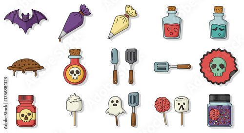 Halloween baking icons bat skull potion and spooky treats for themed desserts and eerie recipe illustrations this season.