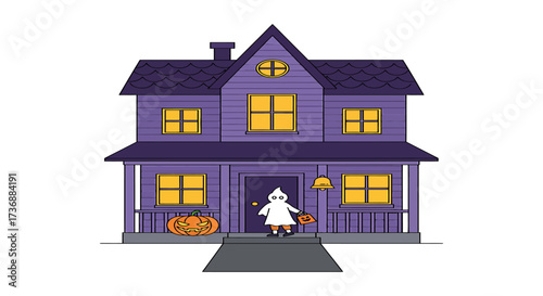 Halloween house with ghost trick-or-treating standing on the porch with jack-o-lantern and a treat bag perfect for seasonal greetings.