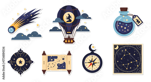 magical stickers witch hot air balloon flying with shooting star potion compass and constellation map for astrology fantasy concept