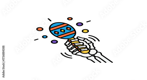 Skeleton hand shaking maraca celebrating day of the dead creating festive atmosphere perfect for cultural events and latin themed designs.