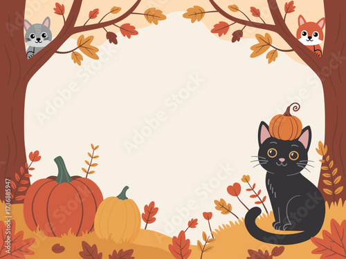 A  black cat wearing a pumpkin hat, two pumpkins, and little woodland animals peeking from the trees. Perfect vector template for Halloween, Thanksgiving, or Fall events with copy space.