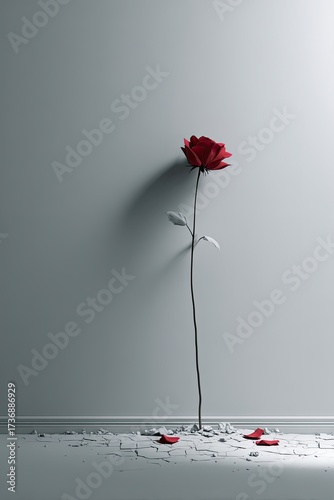 A solitary red rose against a gray wall with broken floor, evoking stark beauty