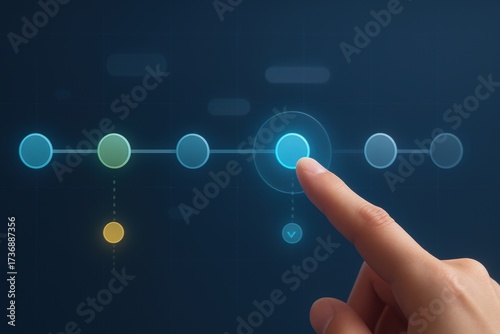 Finger selecting glowing step on futuristic digital timeline interface symbolizing workflow and progress
