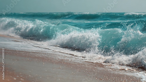 Fototapeta Naklejka Na Ścianę i Meble -  Closeup of a powerful ocean wave crashing onto a sandy beach, with turquoise water and white foam creating a dynamic and refreshing coastal scene