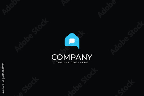 House chat logo design with speech bubble symbol, modern home communication icon, digital messaging app emblem, community customer service vector, online support conversation brand identity