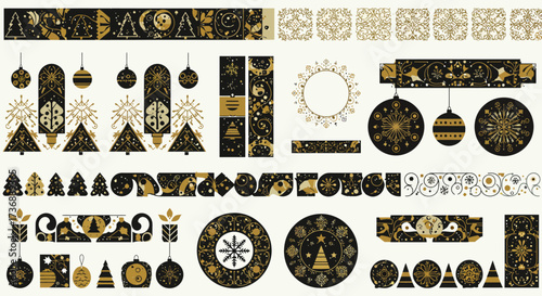 Collection of elegant black and gold Christmas ornaments, borders, and decorative elements.