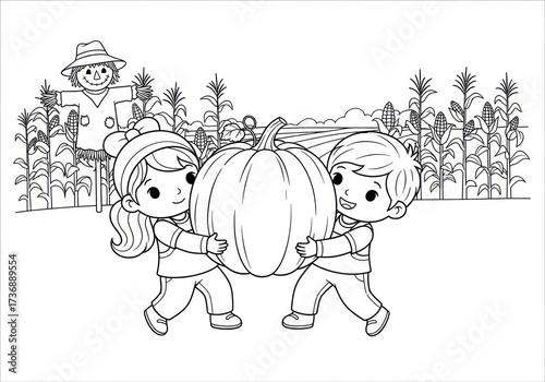 Children Carrying a Giant Pumpkin in a Cornfield with a Scarecrow.