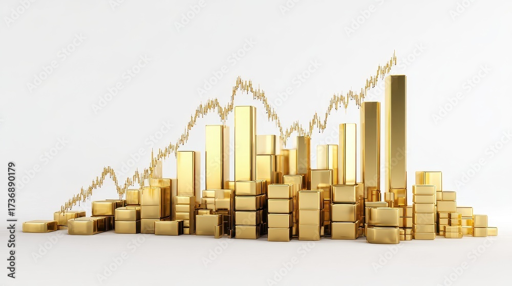 Fototapeta premium A rising stock market chart with golden bars, investment theme, 3D rendering, isolated on white background. 