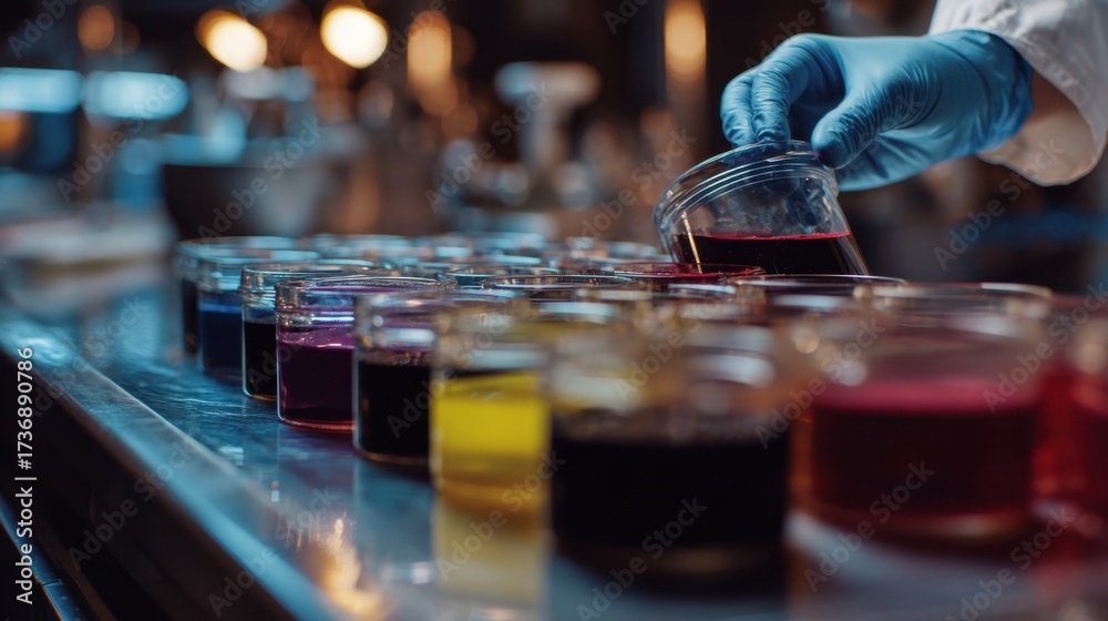 Fototapeta premium Medium shot of a technician carefully mixing pigments at a custom tinting station focusing on the manual shade creation process with a blurred background.