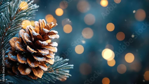 Winter's Golden Glow: A festive pine cone, dusted with delicate frost, nestles among evergreen boughs against a backdrop of soft, twinkling lights, evoking warmth and holiday cheer.