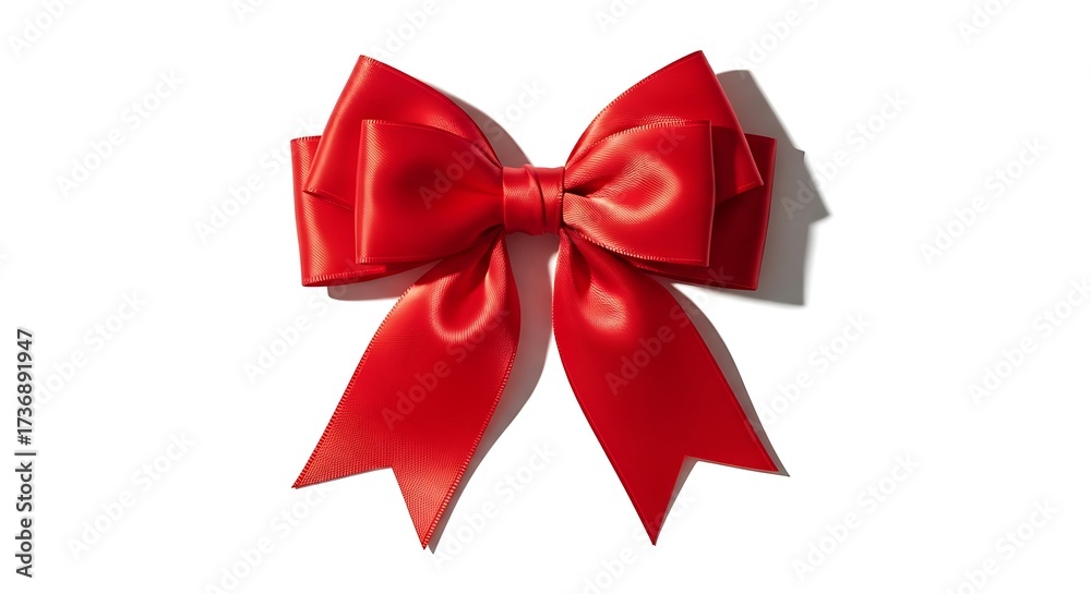 Fototapeta premium Illustration of a single red satin ribbon bow with a glossy finish, isolated on white background