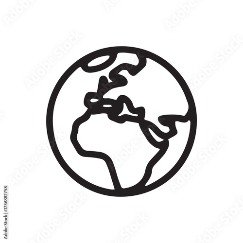 Simple hand-drawn globe icon representing planet Earth. Minimalist black line art vector illustration for global, travel, and environmental concepts, isolated graphic element