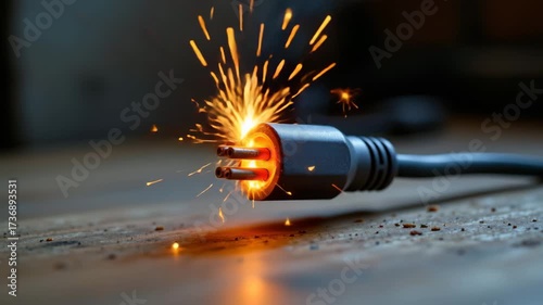 Electrical Hazard: A close-up image showcasing a dangerous electrical situation, sparking and glowing from a malfunctioning plug.