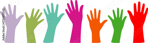 Diverse colored hands raised in unison colorful diversity