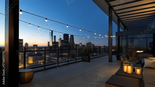 Rooftop patio at dusk with city skyline view string lights and outdoor furniture creating a serene ambiance