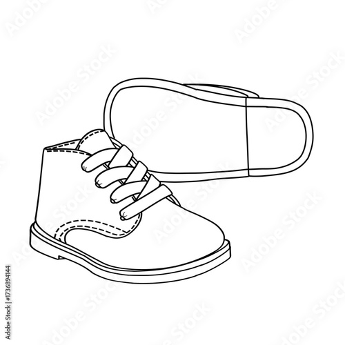 A simple black and white line drawing of a baby bootie shoe, showing the laces and the sole of another shoe.