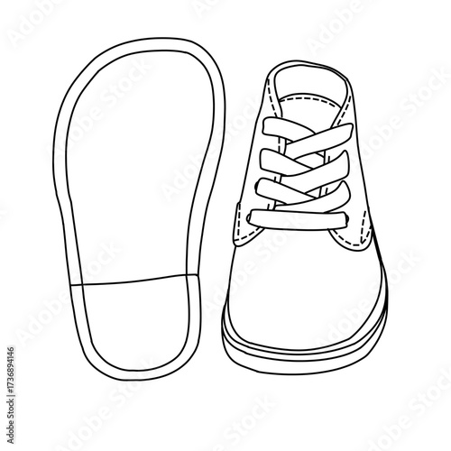 Black and white line drawing of a baby shoe and its sole, perfect for coloring books or educational materials.