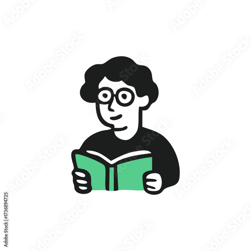 Cartoon person with glasses reads teal book