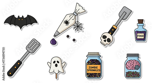 Halloween baking supplies for spooky treats bat ghost sprinkles potion and tools for fun festive creative recipes and spooky holiday projects.