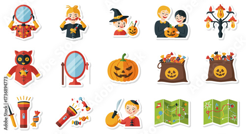 Halloween preparation kids in costume with pumpkin carving make up mirror ready for trick or treat map for route holiday joy.