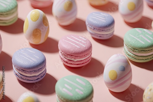 Pastel Easter treats on a pink background. Macarons and painted eggs create a playful, colorful scene