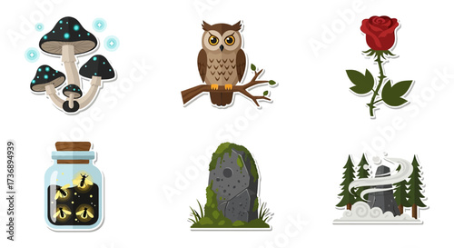 Magic sticker collection with enchanted mushrooms owl jar of fireflies rose standing stones for fantasy illustrations and mystical designs.