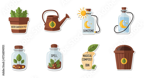 Magical gardening tools and supplies herb garden pot watering can sunstone spell compost bin for whimsical garden projects sustainable gardening