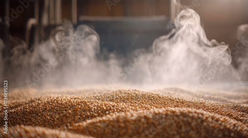Grain quality inspection in a softly blurred environment centered on grains undergoing thermal fumigation with vapor rising subtly in the background.