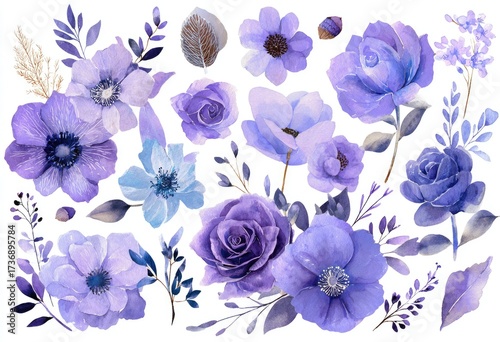 Watercolor floral arrangement with various purple and blue flowers and foliage on white background