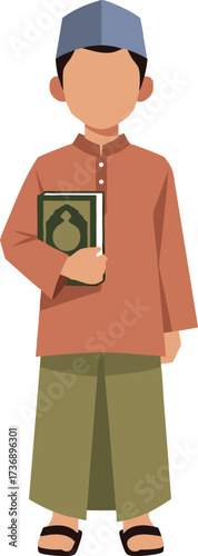 A Muslim boy dressed in brown and olive traditional clothing, standing and holding the Quran, ideal for religious and educational concepts